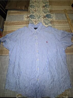 Polo Ralph Lauren Men's Linen Shirt, Short Sleeve, Blue W/ White Stripes, XXL